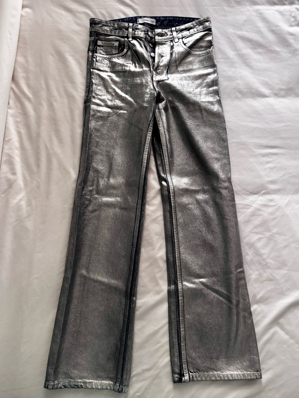 MNG Silver Metallic Dipped Silver Flare Jeans